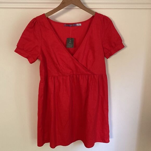 Red Linen Babydoll Mini Dress - Picture 8 of 13
